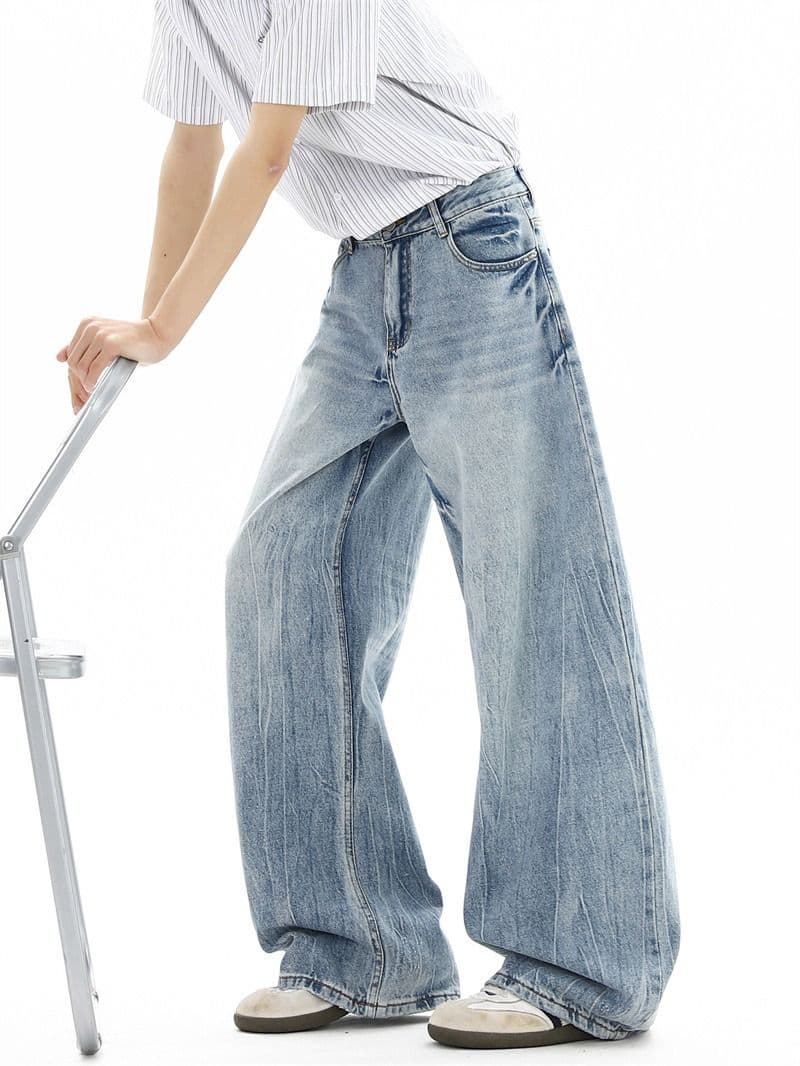 2026 아메리칸 얼음 블루 높음 거리 cleanfit 마 오래된 레트로 고양이 반드시 워시 물 스트레이트 루즈핏 청바지 남성 상세 이미지 12