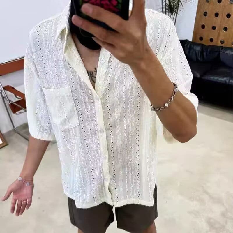 2026 새로운 트렌드 미니멀리즘 쿠바 칼라 자카드 홀로우 아웃 반팔 셔츠 남자 여름 캐주얼 루즈핏 악당 잘 생긴 셔츠 상세 이미지 11