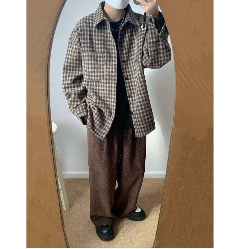 2026 새로운 일본식 레트로 체크무늬 긴팔 셔츠 트렌드 루즈핏 캐주얼 다용도 학원 워크웨어 셔츠 재킷 이미지 2