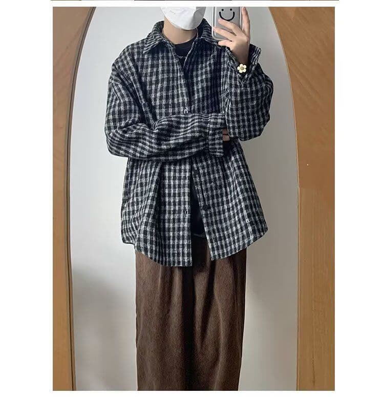 2026 새로운 일본식 레트로 체크무늬 긴팔 셔츠 트렌드 루즈핏 캐주얼 다용도 학원 워크웨어 셔츠 재킷 상세 이미지 13