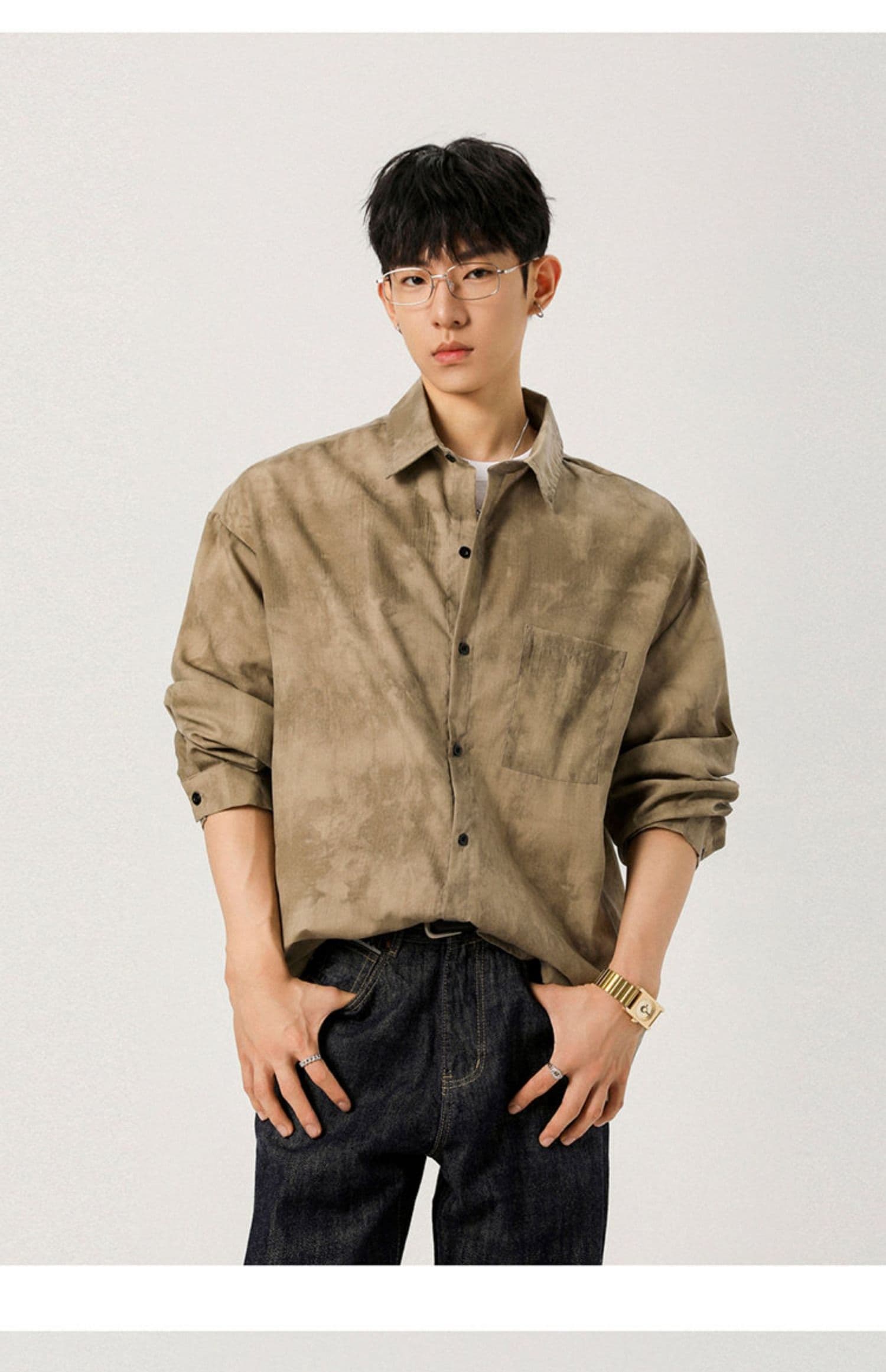 2026 그라데이션 홀치기 염색 긴팔 남성 셔츠 영국식 우아한 악당 고급 센스 루즈핏 느긋한 바람 캐주얼 스택 착용 셔츠 상세 이미지 12