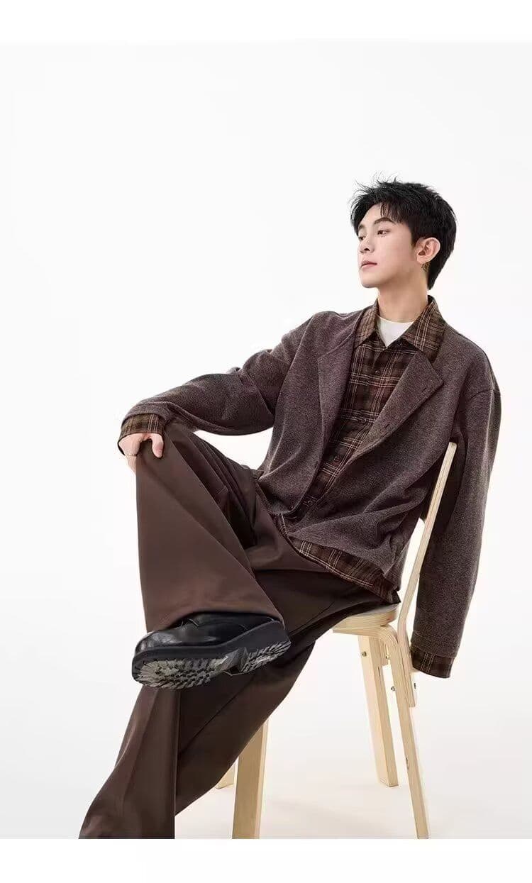 2026 페이크 레이어드 체크무늬 패치워크 니트 오픈 가디건 남자 봄 가을 겨울 루즈핏 캐주얼 다용도 스웨터 코트 패션 상세 이미지 15