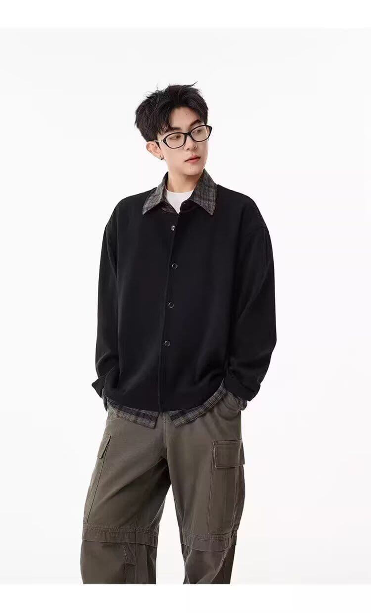 2026 페이크 레이어드 체크무늬 패치워크 니트 오픈 가디건 남자 봄 가을 겨울 루즈핏 캐주얼 다용도 스웨터 코트 패션 상세 이미지 22