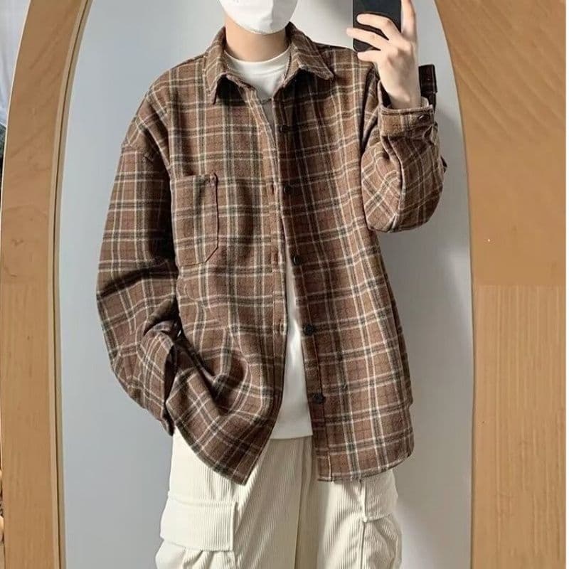 2026 일본식 레트로 vintage 체크무늬 긴팔 셔츠 남자 루즈핏 악당 잘 생긴 학생 캐주얼 셔츠 봄 가을