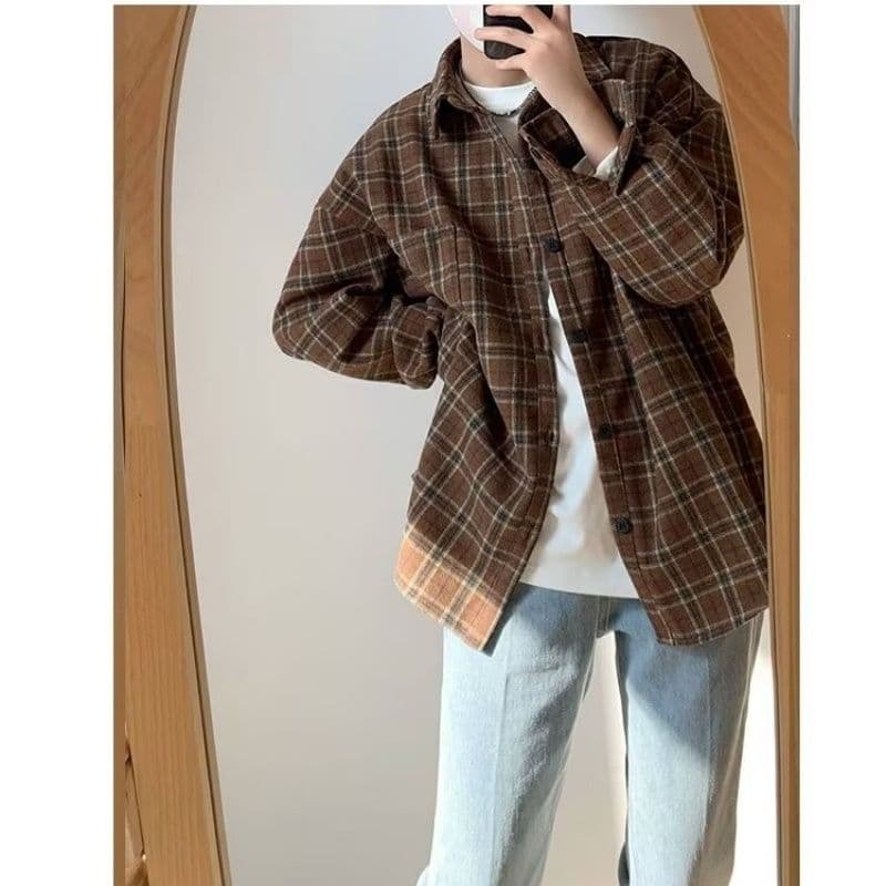 2026 일본식 레트로 vintage 체크무늬 긴팔 셔츠 남자 루즈핏 악당 잘 생긴 학생 캐주얼 셔츠 봄 가을 이미지 3