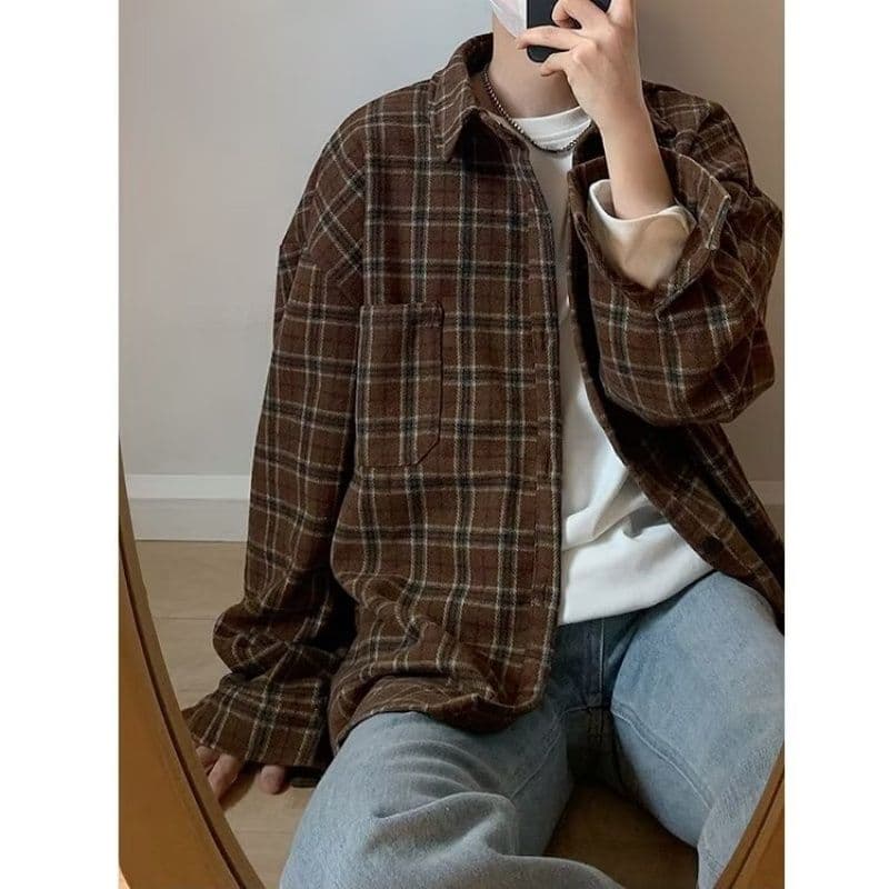 2026 일본식 레트로 vintage 체크무늬 긴팔 셔츠 남자 루즈핏 악당 잘 생긴 학생 캐주얼 셔츠 봄 가을 이미지 2