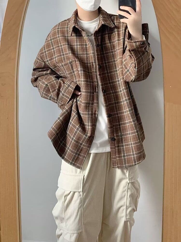 2026 일본식 레트로 vintage 체크무늬 긴팔 셔츠 남자 루즈핏 악당 잘 생긴 학생 캐주얼 셔츠 봄 가을 상세 이미지 1
