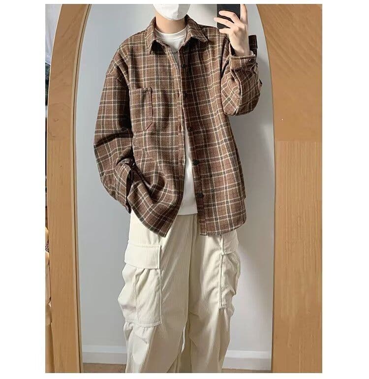 2026 일본식 레트로 vintage 체크무늬 긴팔 셔츠 남자 루즈핏 악당 잘 생긴 학생 캐주얼 셔츠 봄 가을 상세 이미지 4