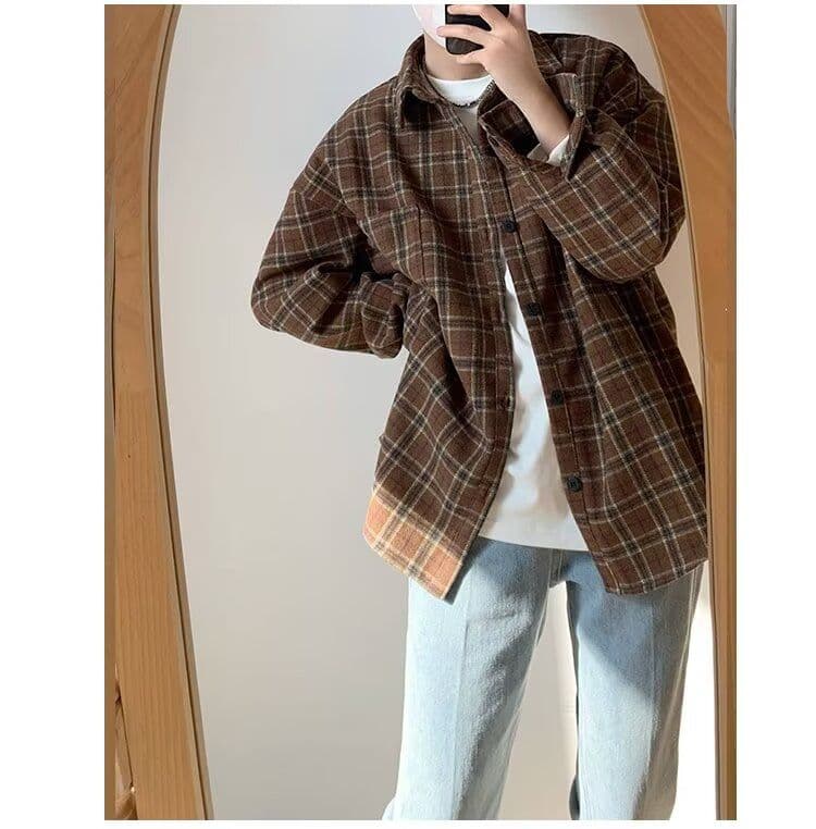 2026 일본식 레트로 vintage 체크무늬 긴팔 셔츠 남자 루즈핏 악당 잘 생긴 학생 캐주얼 셔츠 봄 가을 상세 이미지 5