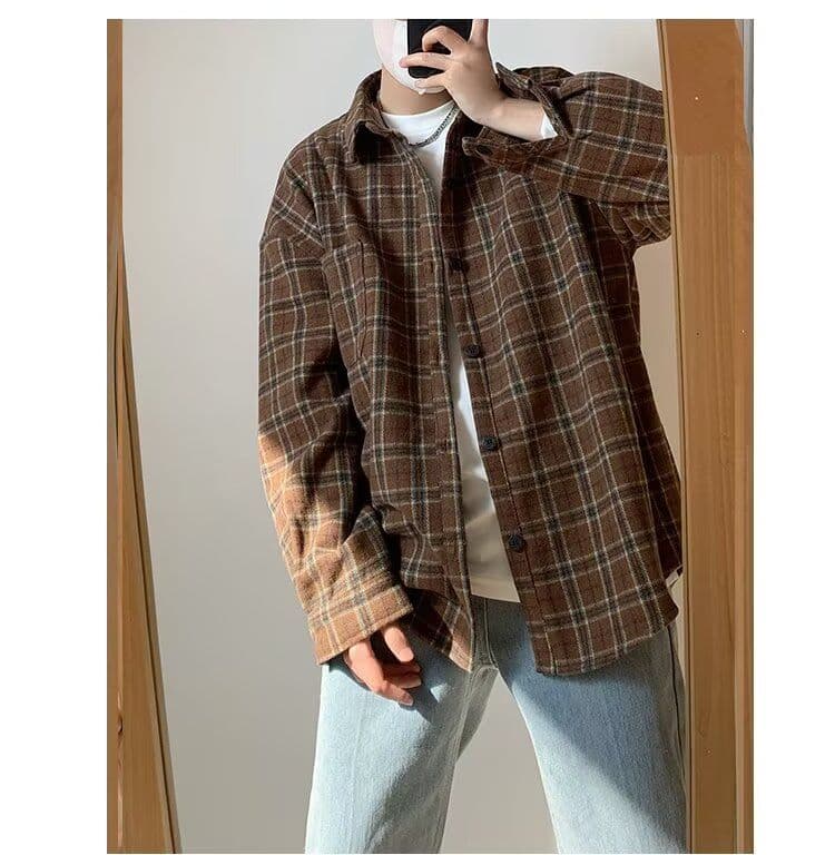 2026 일본식 레트로 vintage 체크무늬 긴팔 셔츠 남자 루즈핏 악당 잘 생긴 학생 캐주얼 셔츠 봄 가을 상세 이미지 6