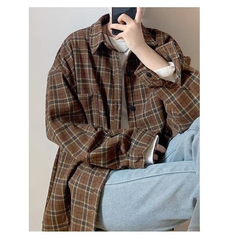 2026 일본식 레트로 vintage 체크무늬 긴팔 셔츠 남자 루즈핏 악당 잘 생긴 학생 캐주얼 셔츠 봄 가을 상세 이미지 7