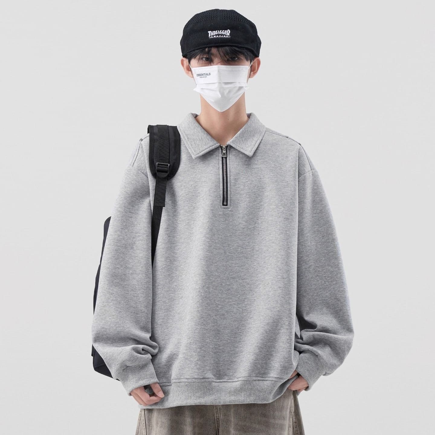 가을 남성 2026 년 새로운 후드티 POLO 칼라 미니멀리즘 다용도 루즈핏 하프 지퍼 재킷 이미지 3