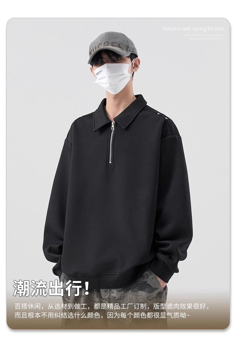 가을 남성 2026 년 새로운 후드티 POLO 칼라 미니멀리즘 다용도 루즈핏 하프 지퍼 재킷 상세 이미지 1