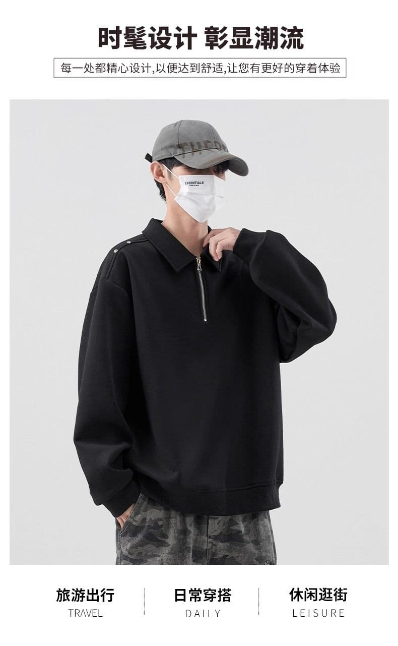 가을 남성 2026 년 새로운 후드티 POLO 칼라 미니멀리즘 다용도 루즈핏 하프 지퍼 재킷 상세 이미지 2