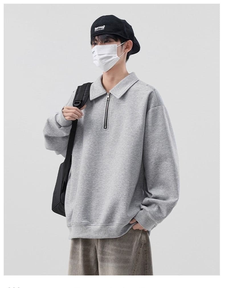 가을 남성 2026 년 새로운 후드티 POLO 칼라 미니멀리즘 다용도 루즈핏 하프 지퍼 재킷 상세 이미지 7