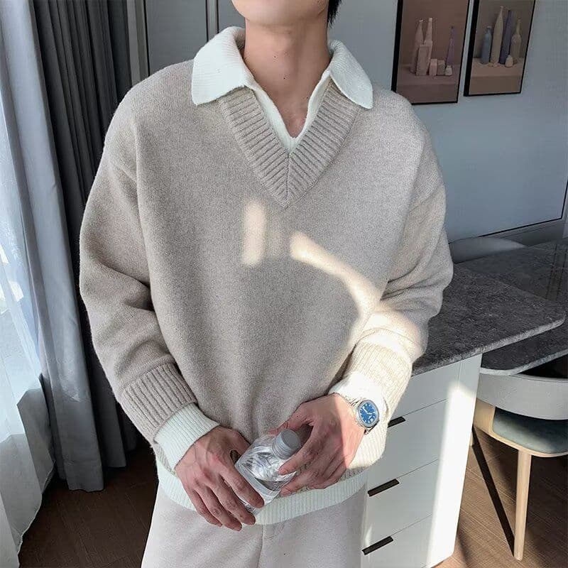 2026 가을 겨울 한 부서 레트로 두꺼운 페이크 레이어드 POLO 칼라 니트 스웨터 남녀 루즈핏 보온 캐주얼 스웨터 이미지 4