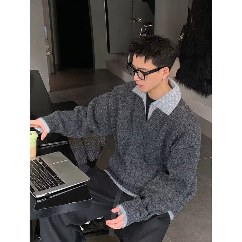 2026 가을 겨울 한 부서 레트로 두꺼운 페이크 레이어드 POLO 칼라 니트 스웨터 남녀 루즈핏 보온 캐주얼 스웨터 이미지 3