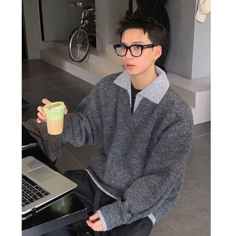 2026 가을 겨울 한 부서 레트로 두꺼운 페이크 레이어드 POLO 칼라 니트 스웨터 남녀 루즈핏 보온 캐주얼 스웨터
