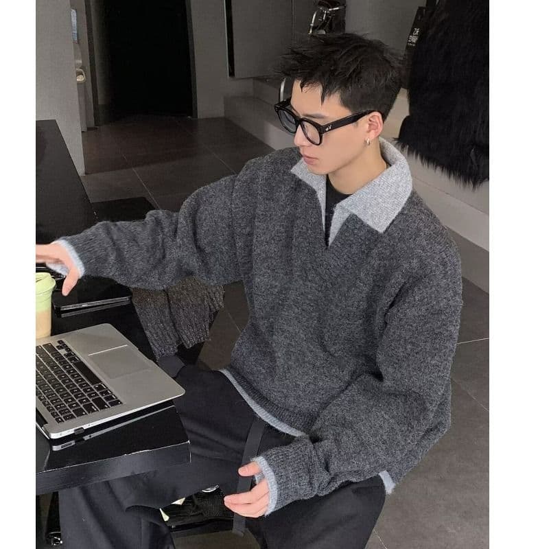 2026 가을 겨울 한 부서 레트로 두꺼운 페이크 레이어드 POLO 칼라 니트 스웨터 남녀 루즈핏 보온 캐주얼 스웨터 이미지 5