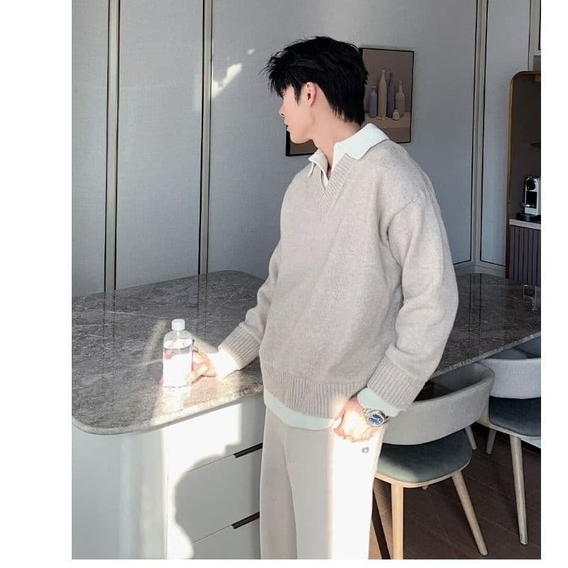 2026 가을 겨울 한 부서 레트로 두꺼운 페이크 레이어드 POLO 칼라 니트 스웨터 남녀 루즈핏 보온 캐주얼 스웨터 이미지 2