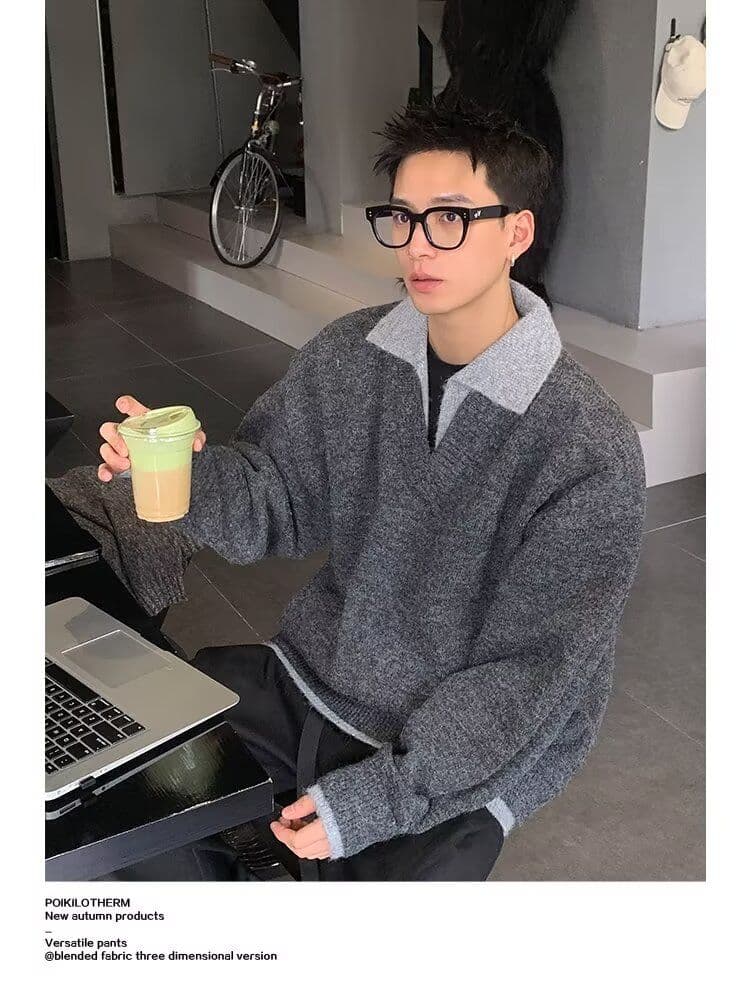 2026 가을 겨울 한 부서 레트로 두꺼운 페이크 레이어드 POLO 칼라 니트 스웨터 남녀 루즈핏 보온 캐주얼 스웨터 상세 이미지 6