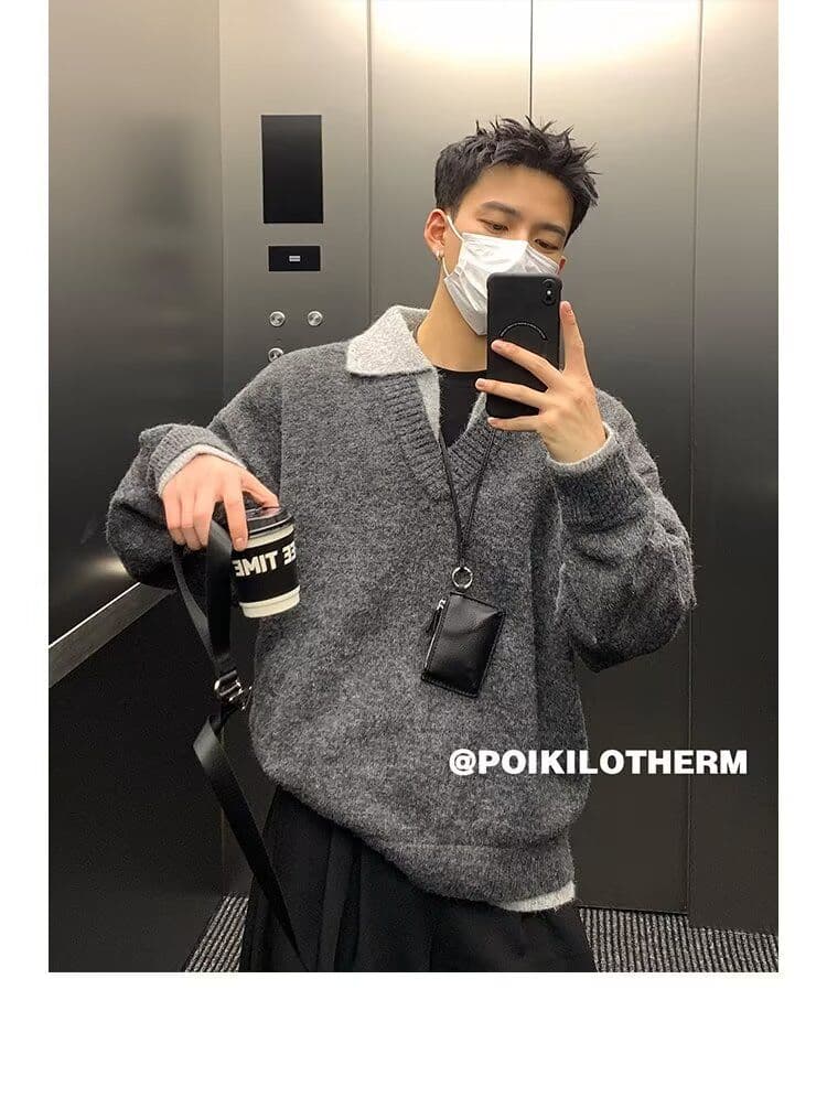 2026 가을 겨울 한 부서 레트로 두꺼운 페이크 레이어드 POLO 칼라 니트 스웨터 남녀 루즈핏 보온 캐주얼 스웨터 상세 이미지 7