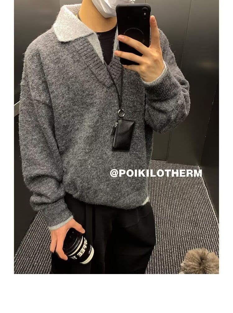 2026 가을 겨울 한 부서 레트로 두꺼운 페이크 레이어드 POLO 칼라 니트 스웨터 남녀 루즈핏 보온 캐주얼 스웨터 상세 이미지 8