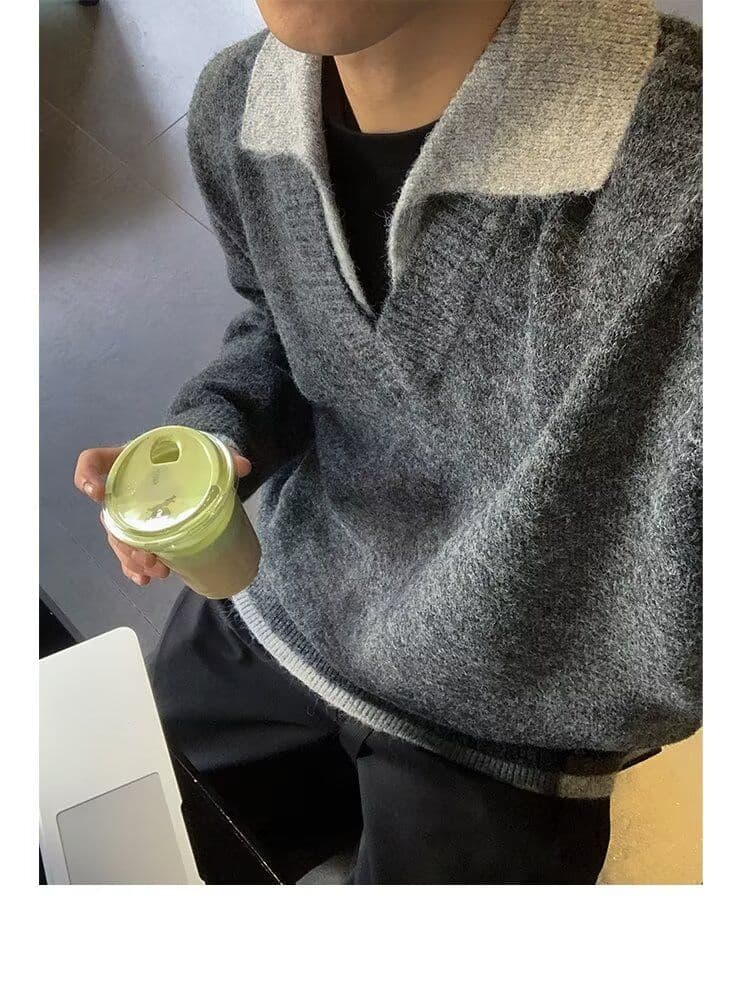 2026 가을 겨울 한 부서 레트로 두꺼운 페이크 레이어드 POLO 칼라 니트 스웨터 남녀 루즈핏 보온 캐주얼 스웨터 상세 이미지 11