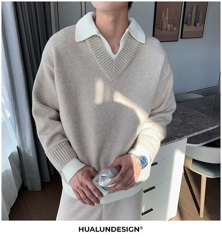 2026 가을 겨울 한 부서 레트로 두꺼운 페이크 레이어드 POLO 칼라 니트 스웨터 남녀 루즈핏 보온 캐주얼 스웨터 상세 이미지 12