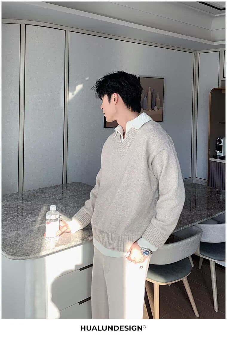 2026 가을 겨울 한 부서 레트로 두꺼운 페이크 레이어드 POLO 칼라 니트 스웨터 남녀 루즈핏 보온 캐주얼 스웨터 상세 이미지 13