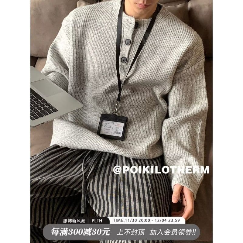 회색 아메리칸 레트로 헨리 칼라 스웨터 남성 겨울 느긋한 바람 고급 센스 니트 스웨터 cleanfit 재킷 이미지 5