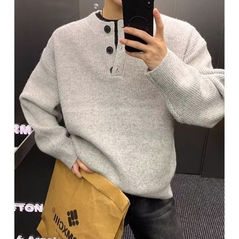 회색 아메리칸 레트로 헨리 칼라 스웨터 남성 겨울 느긋한 바람 고급 센스 니트 스웨터 cleanfit 재킷 이미지 4