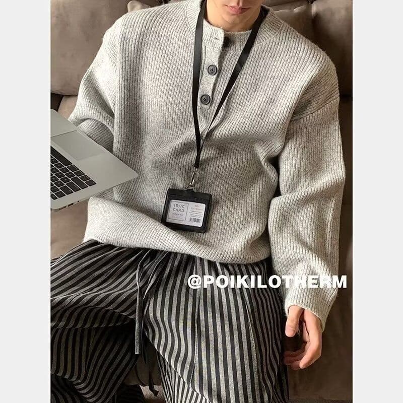 회색 아메리칸 레트로 헨리 칼라 스웨터 남성 겨울 느긋한 바람 고급 센스 니트 스웨터 cleanfit 재킷