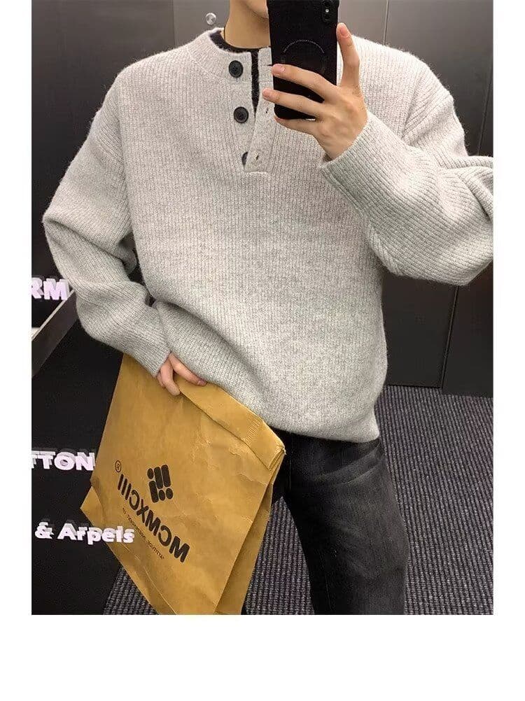 회색 아메리칸 레트로 헨리 칼라 스웨터 남성 겨울 느긋한 바람 고급 센스 니트 스웨터 cleanfit 재킷 상세 이미지 4