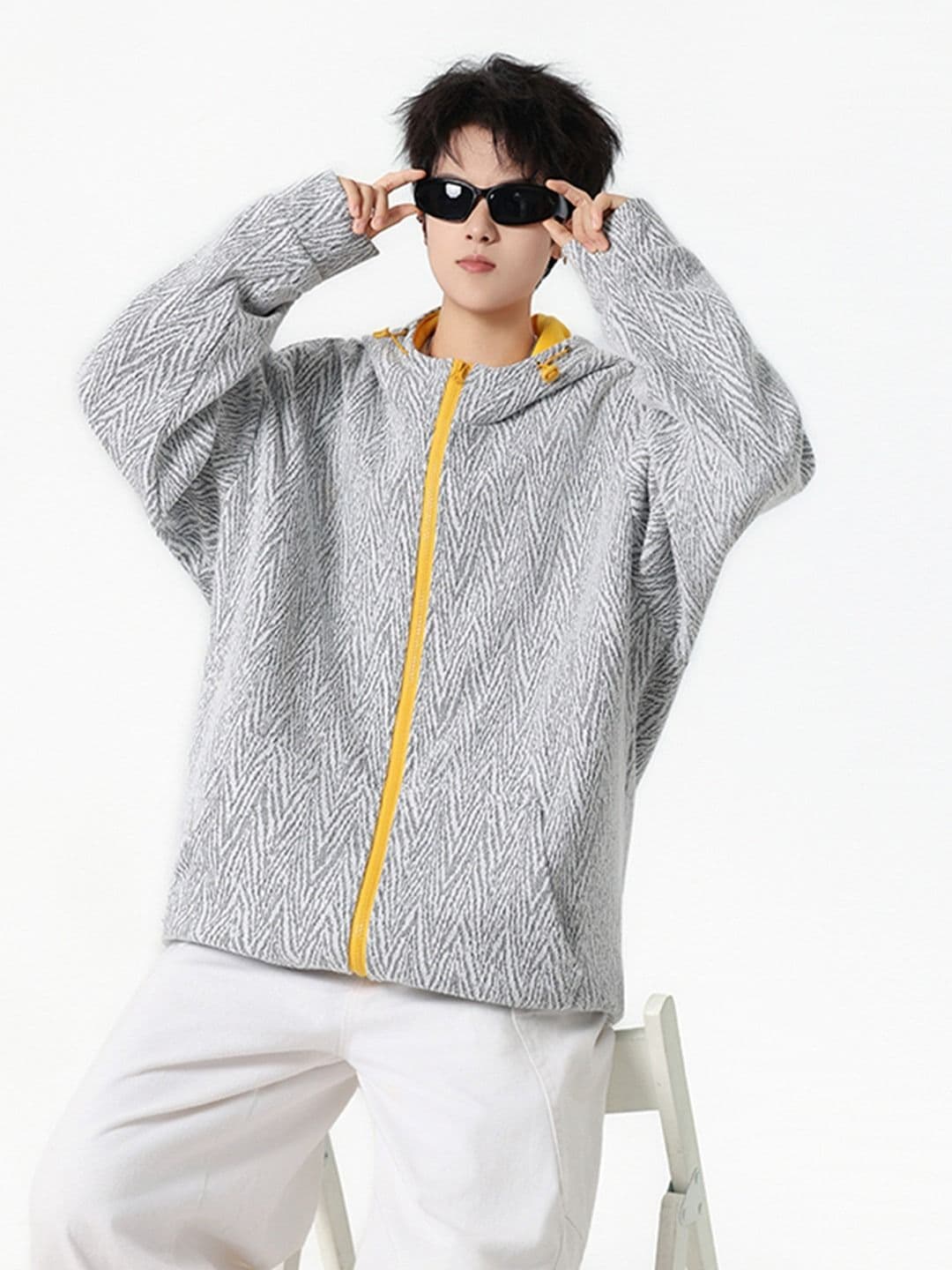 2026 아메리칸 작은 샤넬 스타일 배색 패치워크 헤링본 곡물 오픈 가디건 후드티 남자 가을 무거운 후드 당겨서 달구다 운동 재킷 이미지 2