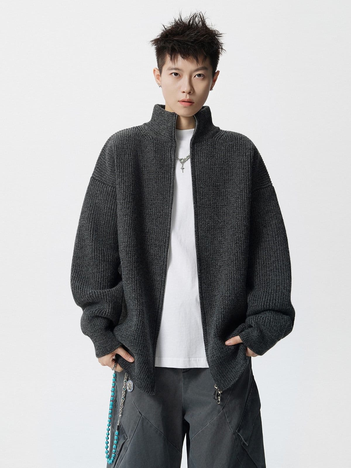 2026 스탠드 칼라 니트 카디건 코트 남자 가을 겨울 커플 스웨터 cleanfit 느긋한 바람 아메리칸 레트로 스웨터 상세 이미지 2
