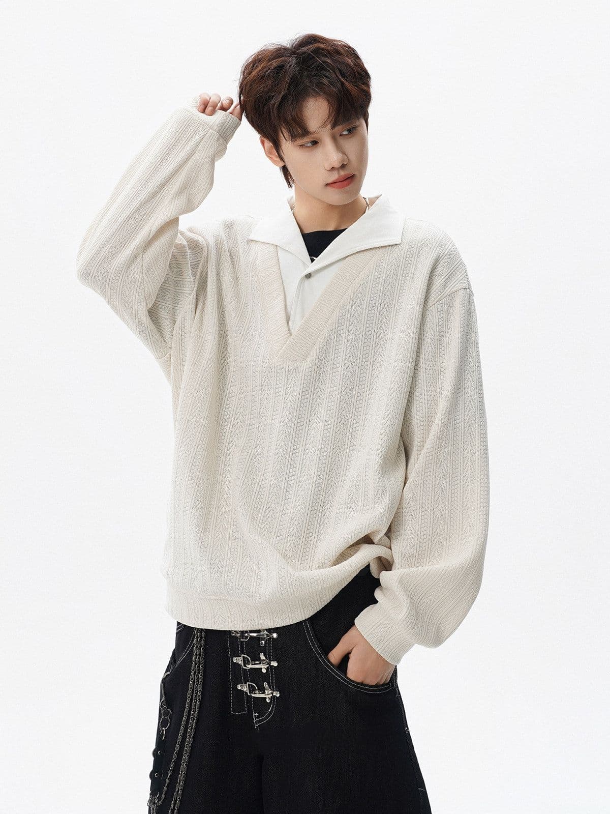 2026 새로운 무거운 가을 겨울 아메리칸 질감 센스 페이크 레이어드 폴로 칼라 후드티 남자 조수 브랜드 캐주얼 긴팔 맨위 이미지 2