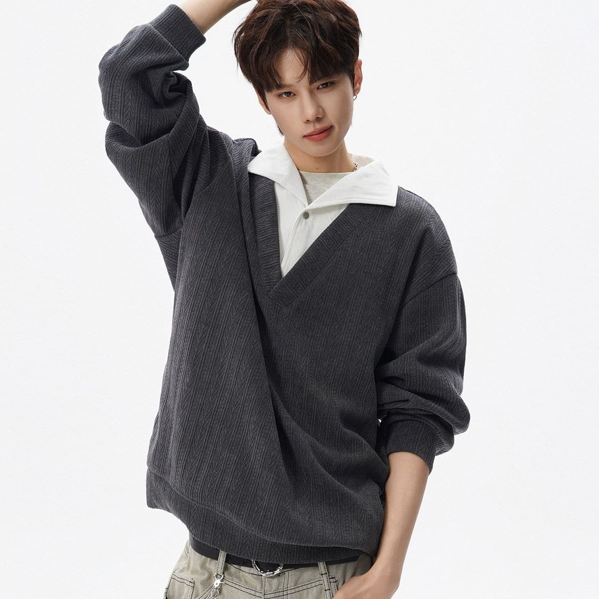 2026 새로운 무거운 가을 겨울 아메리칸 질감 센스 페이크 레이어드 폴로 칼라 후드티 남자 조수 브랜드 캐주얼 긴팔 맨위 이미지 5