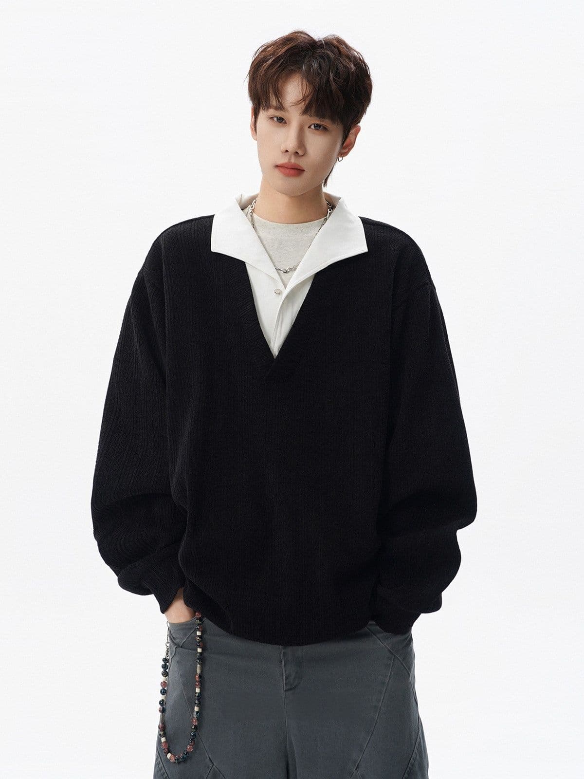 2026 새로운 무거운 가을 겨울 아메리칸 질감 센스 페이크 레이어드 폴로 칼라 후드티 남자 조수 브랜드 캐주얼 긴팔 맨위 상세 이미지 13