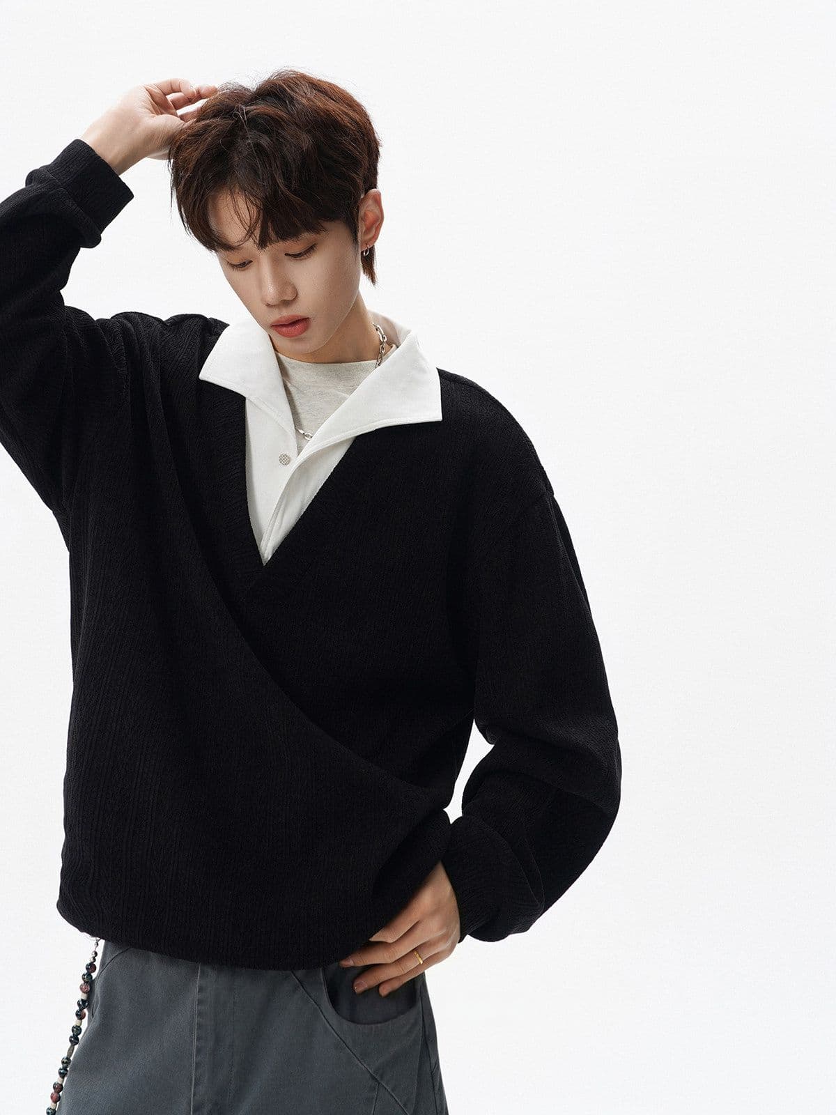 2026 새로운 무거운 가을 겨울 아메리칸 질감 센스 페이크 레이어드 폴로 칼라 후드티 남자 조수 브랜드 캐주얼 긴팔 맨위 상세 이미지 14