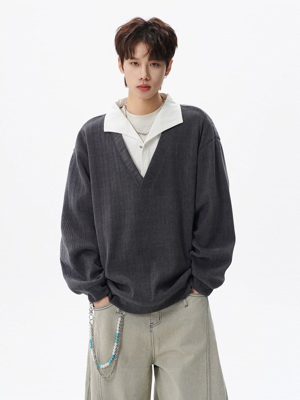 2026 새로운 무거운 가을 겨울 아메리칸 질감 센스 페이크 레이어드 폴로 칼라 후드티 남자 조수 브랜드 캐주얼 긴팔 맨위 상세 이미지 23