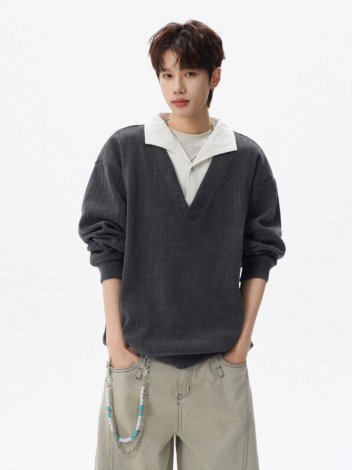 2026 새로운 무거운 가을 겨울 아메리칸 질감 센스 페이크 레이어드 폴로 칼라 후드티 남자 조수 브랜드 캐주얼 긴팔 맨위 상세 이미지 31
