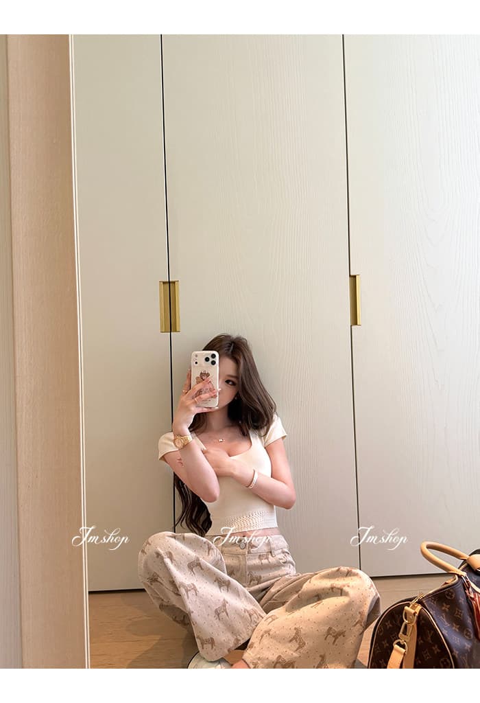 jmshop 우유 푸 작은 말 슈퍼 부드러운 공예 워싱 작은 말 자카드 청바지 여성 다용도 로우 웨이스트 스트레이트 긴 바지 상세 이미지 11