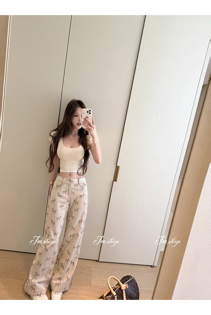 jmshop 우유 푸 작은 말 슈퍼 부드러운 공예 워싱 작은 말 자카드 청바지 여성 다용도 로우 웨이스트 스트레이트 긴 바지 상세 이미지 15