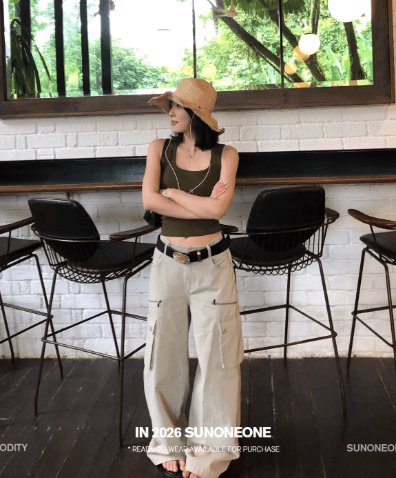sunoneone 기타 주머니 루즈핏 스트레이트 아메리칸 레트로 카키 색 워크웨어 팬츠 여성 봄 워싱 캐주얼 바지 이미지 2