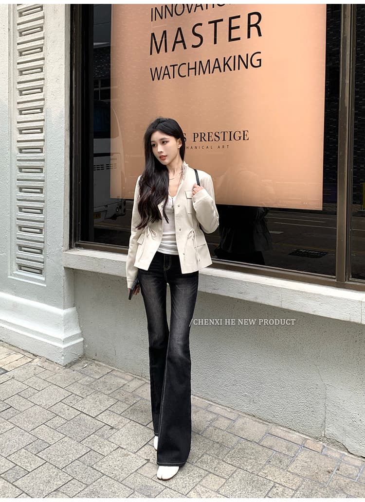 그는 아침 검정색 몸매 가꾸기 마이크로 나팔 청바지 여성 봄 새로운 아메리칸 핫걸 하이웨이스트 리프트 엉덩이 호스 슈 바지 상세 이미지 17