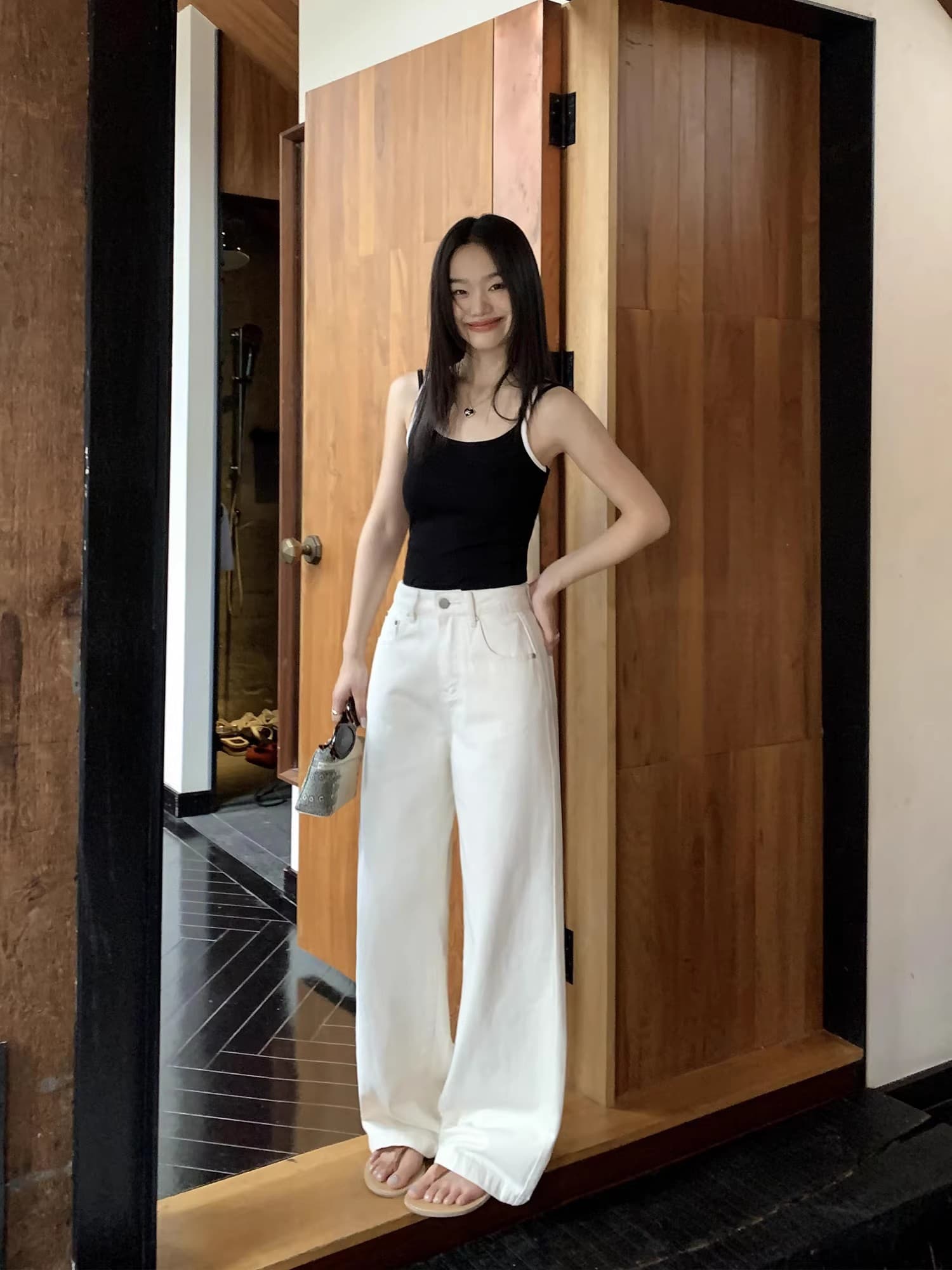 pusumede 보존 섹션 화이트 넓은 다리 청바지 여성 하이웨이스트 루즈핏 슬림해 보이는 캐주얼 다용도 스트레이트 긴 바지