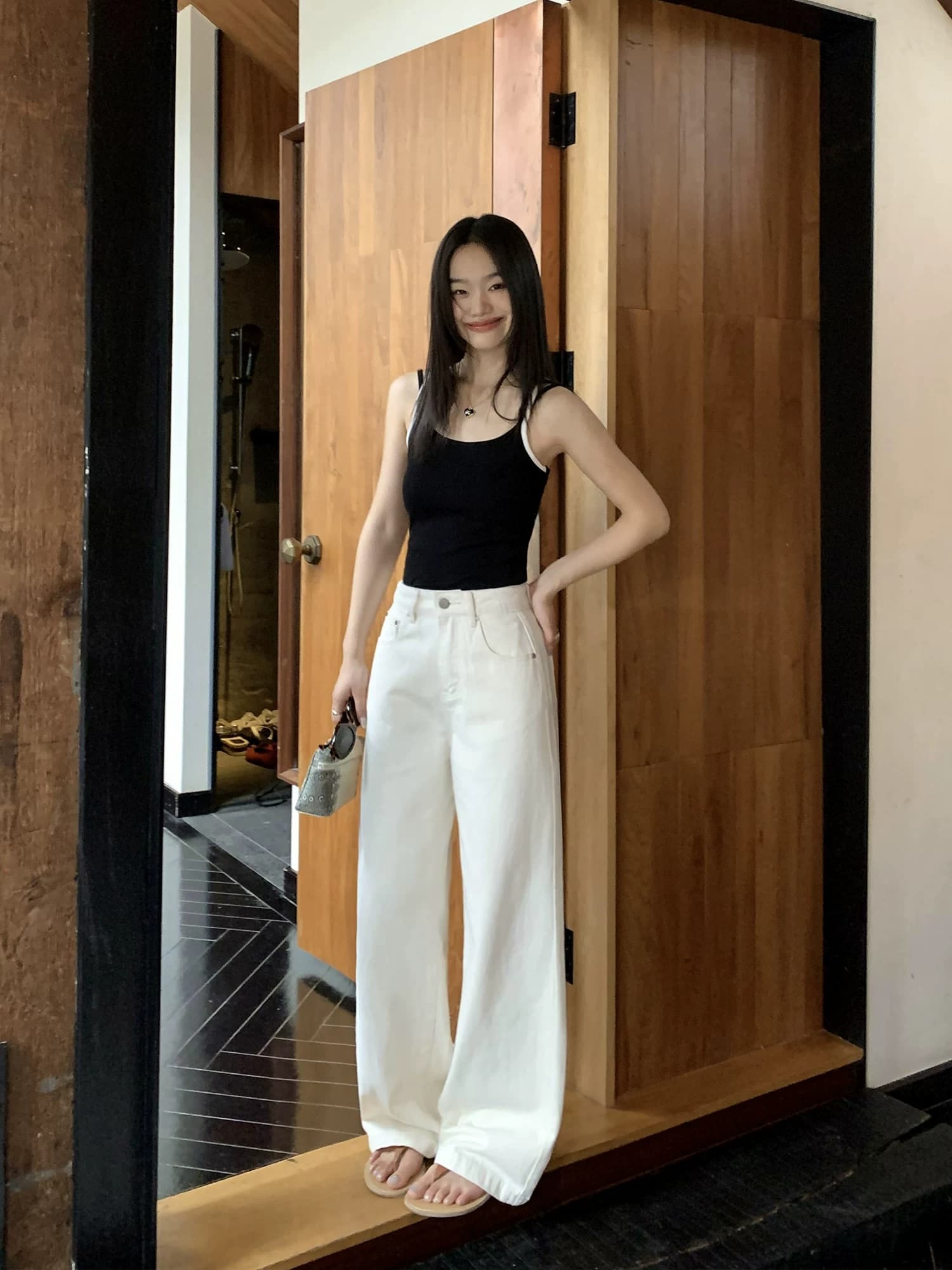 pusumede 보존 섹션 화이트 넓은 다리 청바지 여성 하이웨이스트 루즈핏 슬림해 보이는 캐주얼 다용도 스트레이트 긴 바지 상세 이미지 1