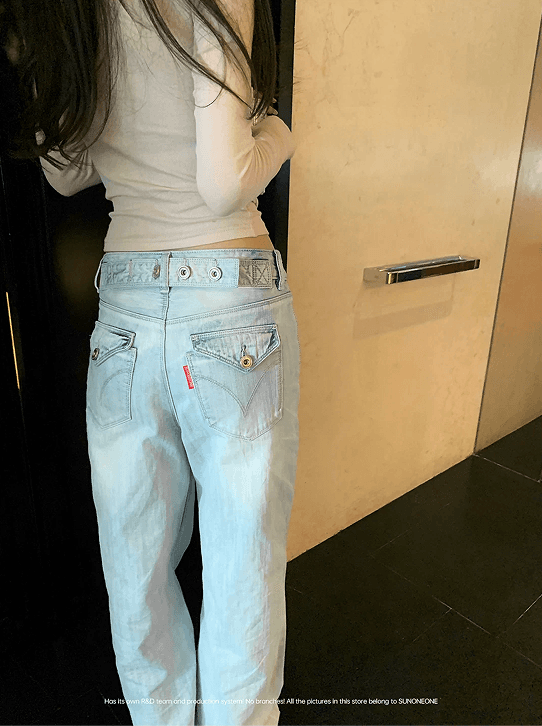sunoneone 한 부서 워싱 하늘색 플립 커버 스트레이트 청바지 여성 여름 루즈핏 작은 키 캐주얼 바지 이미지 2