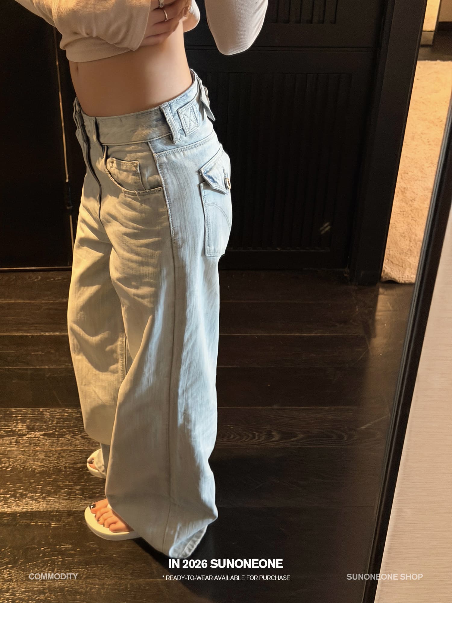 sunoneone 한 부서 워싱 하늘색 플립 커버 스트레이트 청바지 여성 여름 루즈핏 작은 키 캐주얼 바지 상세 이미지 28